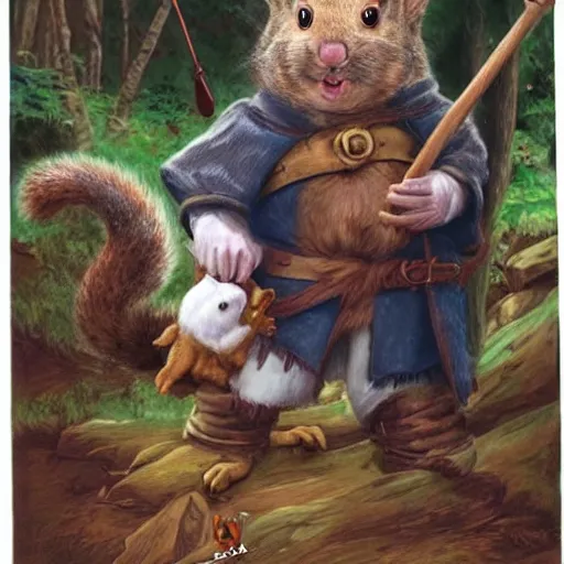 Prompt: a dnd character, a man with squirrel features holding sooty the children's puppet, by Alex horley