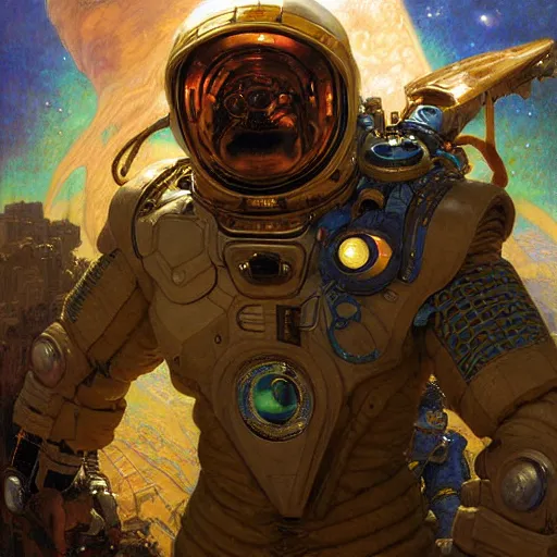 Image similar to portrait of a snake with human face wearing a space suit. shadowrun furaffiniy cyberpunk fantasy highly detailed painting by gaston bussiere craig mullins jc leyendecker gustav klimt artgerm greg rutkowski john berkey, bergey, craig mullins, ruan jia, raymond swanland, jeremy mann, tom lovell, alex malveda