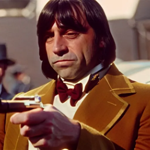 Prompt: anton chigurh holding his shotgun as willy wonka, cinematic still, movie still, hyper detailed, 8 k, 9 0 0 0 k, bokeh