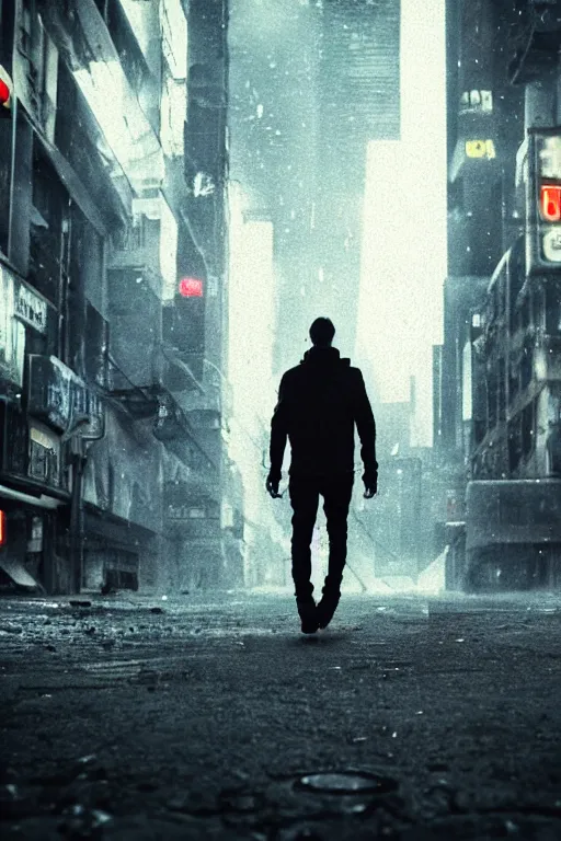 Prompt: dark, cinematic, cyberpunk, guy walking on a desolated urban street, destroyed, 8 k