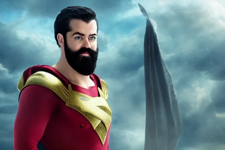 Image similar to bearded david sandberg as shazam from shazam ( 2 0 1 9 ), cinematography