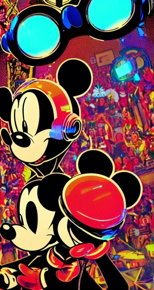 Prompt: mickey mouse in a daft punk helmet at a rave, hyper detailed, realistic, trippy, cinematic