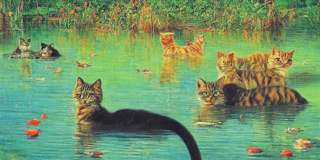 Prompt: cats swimming in a sri lankan lake by Nizovtsev, Victor