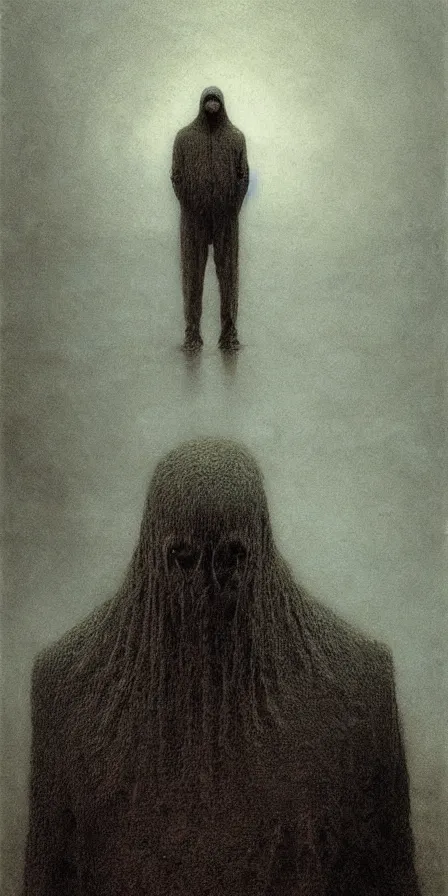 Image similar to portrait of a man filled with despair, shameful pose, apathetic expression, by Zdzislaw Beksinski, gothic, amazing details, cold hue's, warm tone gradient background