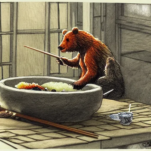 Image similar to bear eating sushi with chopsticks, a detailed matte painting by anton pieck, deviantart contest winner, fantasy art, concept art, official art, matte drawing