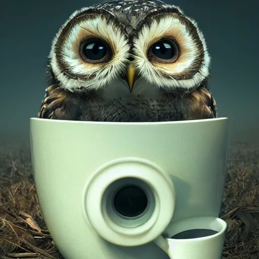 Image similar to long shot of a very cute owl chick nesting in a very futuristic cup, esao andrews, humorous illustration, hyperrealistic, big depth of field, warm colors, night scenery, low light, 3 d octane render, 4 k, conceptart, hyperdetailed, hyperrealistic, trending on artstation