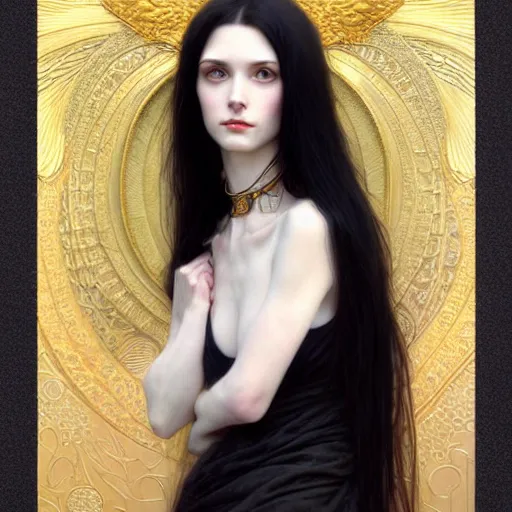 Image similar to Portrait of a beautiful, pale skin, female with long black hair, dark, piercing eyes, gentle expression, elegant clothing, photorealistic, highly detailed, artstation, smooth, sharp focus, art by Klimt, artgerm, Greg Rutkowski and Alphonse Mucha