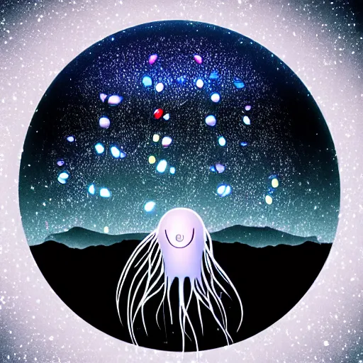 Image similar to a cybernetic jellyfish enveloping the moon, highly detailed, cinematic, stars in the background