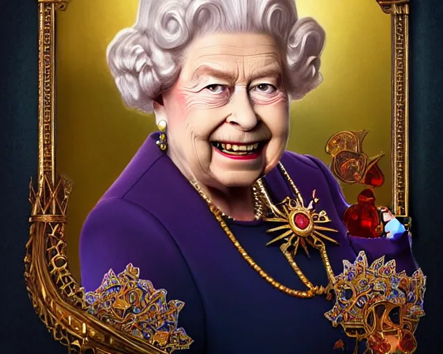 Image similar to hrh queen elizabeth making very funny and silly faces, photography of kurzgesagt, deep focus, d & d, fantasy, intricate, elegant, highly detailed, digital painting, artstation, concept art, matte, sharp focus, illustration, hearthstone, art by artgerm and greg rutkowski and alphonse mucha