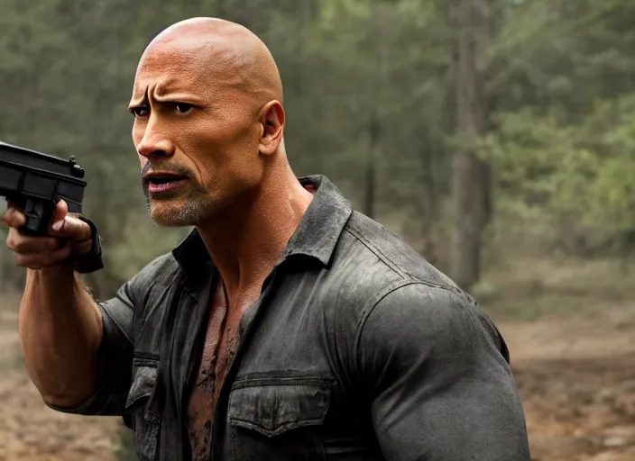 Image similar to film still of dwayne the rock johnson as rick grimes in the new walking dead tv series, 4 k