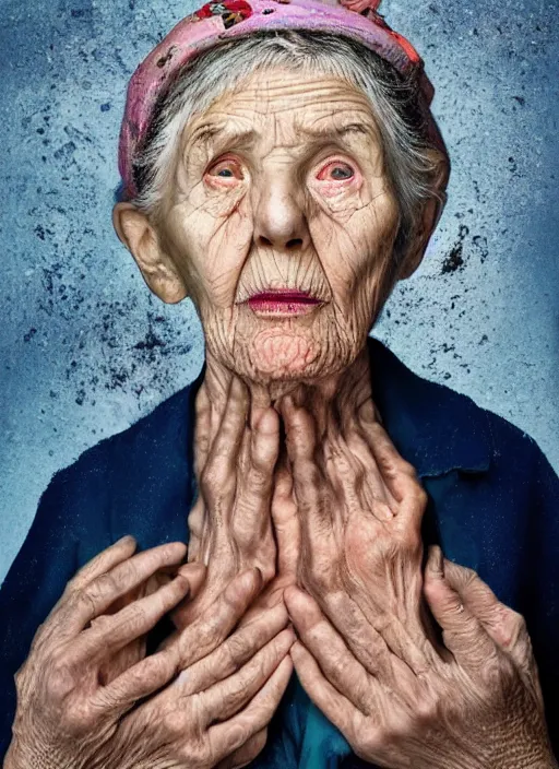 Prompt: an old woman with a weird look on her face, a surrealist painting by Martin Schoeller, shutterstock contest winner, pop surrealism, angelic photograph, stock photo, photoillustration