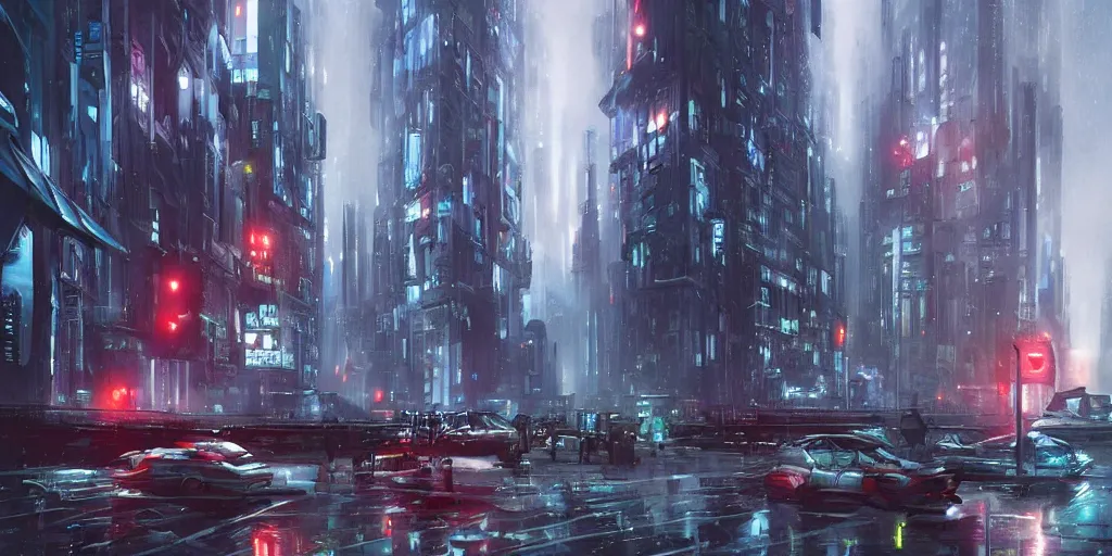 Prompt: rainy futuristic city with police robots, megacity, sci-fi, matte painting, concept art, style by dylan cole, intricate details