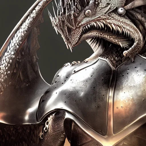 Image similar to highly detailed realistic stunning close up shot of a beautiful anthropomorphic female knight but as a dragon, doing a hot majestic pose, armor made of steel, sharp claws, HD octane render, epic cinematography, fantasy, Artstation, Deviantart, Furaffinity