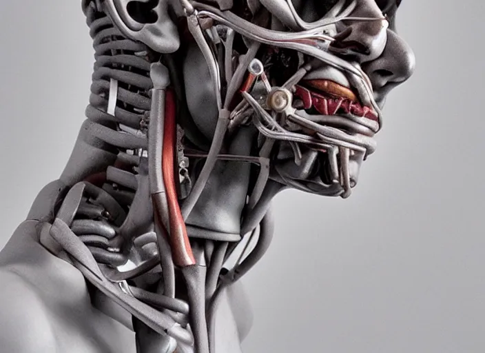 Prompt: a bust sculpture of anatomical cyborg, ,detailed face, ceramic base, studio lighting