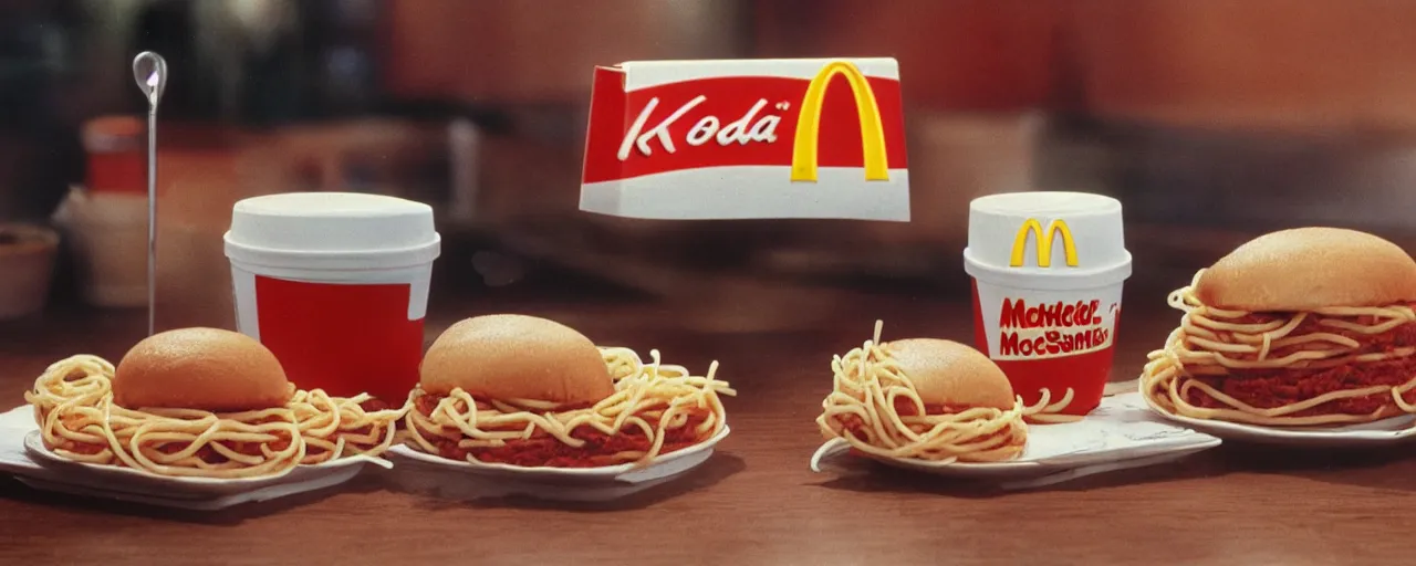 Prompt: 1 9 8 0 s mcdonalds best selling spaghetti sandwich, kodachrome,