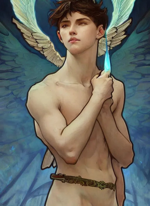 Image similar to digital character concept art by artgerm and greg rutkowski and alphonse mucha. portrait of a young fourteen year old boy, like a young god, icarus with wings, beautiful, holding a staff, detailed, poster art, light effect, glowing, hyper detail, intricate, elegant, digital painting, artstation, smooth, sharp focus