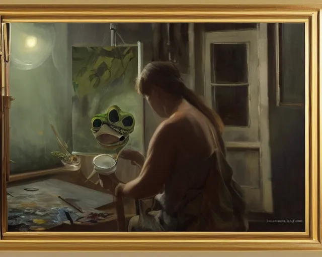 Image similar to a painter in his studio painting a picture of a pepe the frog - key lighting, soft lights, foggy, by steve hanks, by lisa yuskavage, by serov valentin, by tarkovsky, 8 k render, detailed, oil on canvas