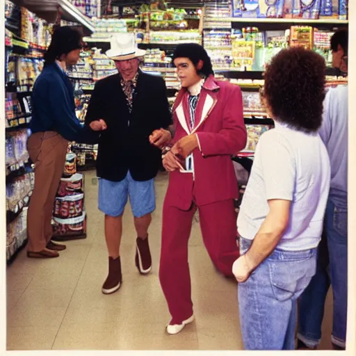 Prompt: middle aged tourist man meeting michael jackson lookalike in the grocery store 1 9 8 4 candid kodachrome photo