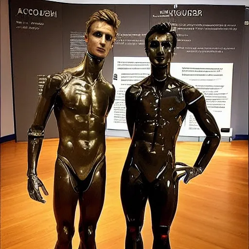 Image similar to “a realistic detailed photo of a guy who is an attractive humanoid who is half robot and half humanoid, who is a male android, British diver Jack Laugher & Chris Mears, shiny skin, posing like a statue, blank stare, at the museum, on display”