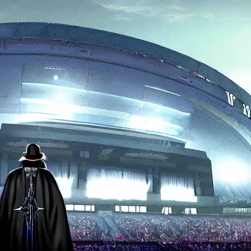 Image similar to The Undertaker entrance at a giant futuristic stadium, high quality, detailed, hyper realism