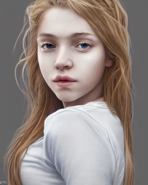 Image similar to portrait of 1 6 - year - old woman with dirty blonde hair down to her waist, pale eyebrows and protuberant silver eyes, wearing white shirt, hyper realistic face, beautiful eyes, character art, art by mark brooks, hyperdetailed, cryengine, trending on artstation, digital art