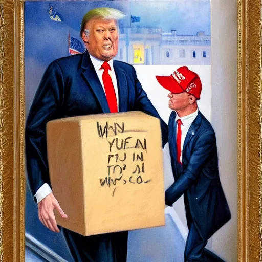 Prompt: jon mcnaughton painting of donald trump sneaking out of the white house with a box labeled top secret