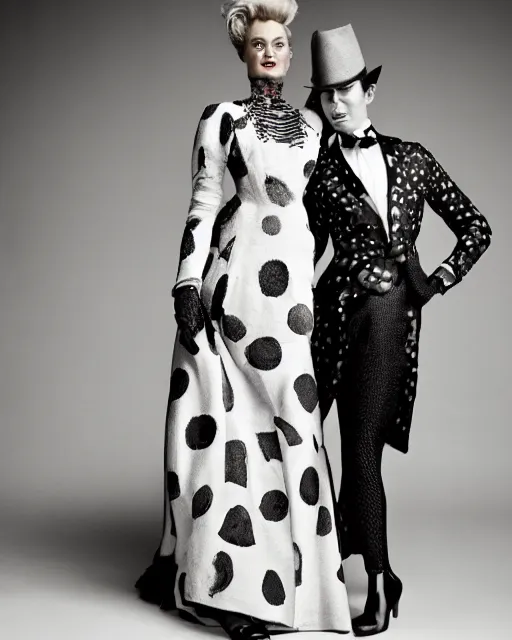 Image similar to fashion editorial of actress Margot Robbie wearing a beautiful Victorian era dress by Sandy Powell and her friend an anthropomorphic spotted hyena human hybrid model wearing Haider Ackerman, photographed in the style of Annie Leibovitz