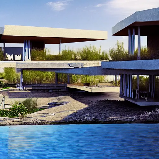 Image similar to architectural rendering of habitat 6 7 in the desert, biophilia mood, pool, garden, highly detailed, cinematic,