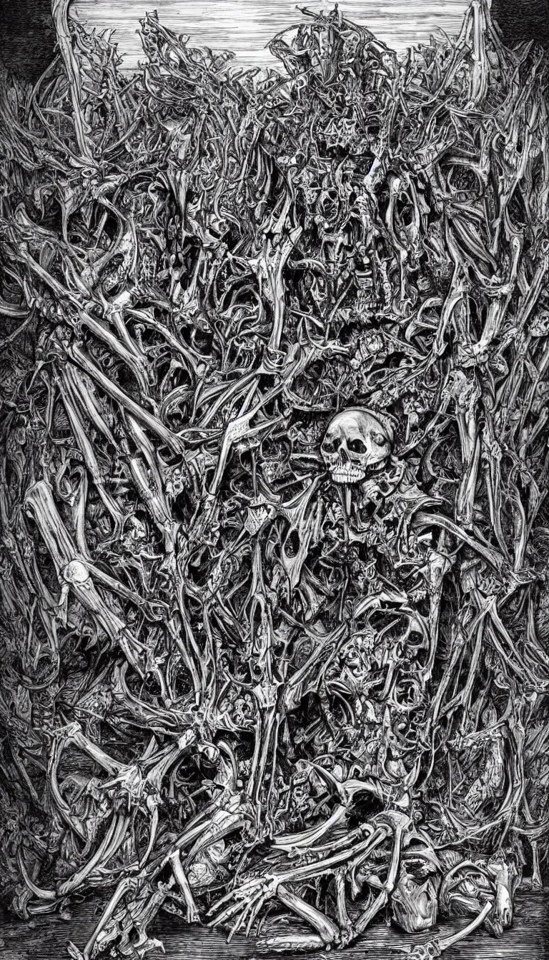 Prompt: several dozen skeletons fused together into a throne, black and white, intricate, very detailed, in the style of mark riddick,