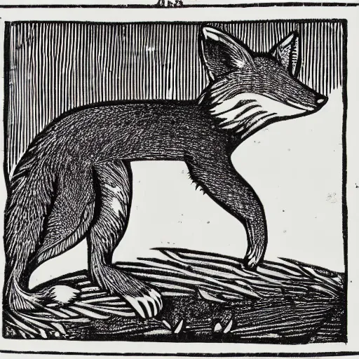 Prompt: anthropomorphic fox doing fieldwork, woodcut