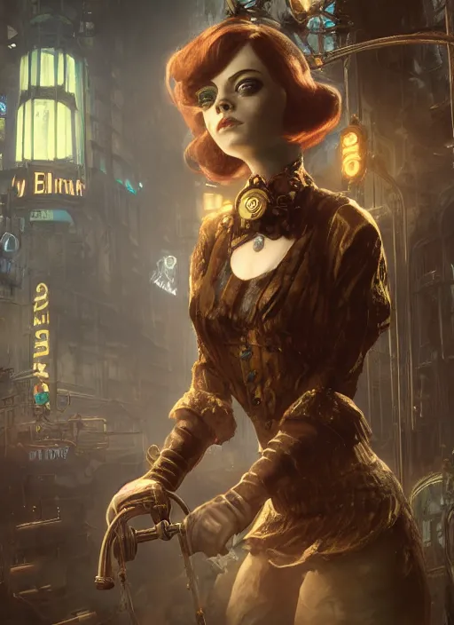 Prompt: dark underwater steampunk portrait of emma stone, detailed bioshock city in the background, hyper detailed, digital art, cinematic lighting, studio quality, smooth render, unreal engine 5, octane rendered, art style by klimt and nixeu and ian sprigger and wlop and krenz cushart.