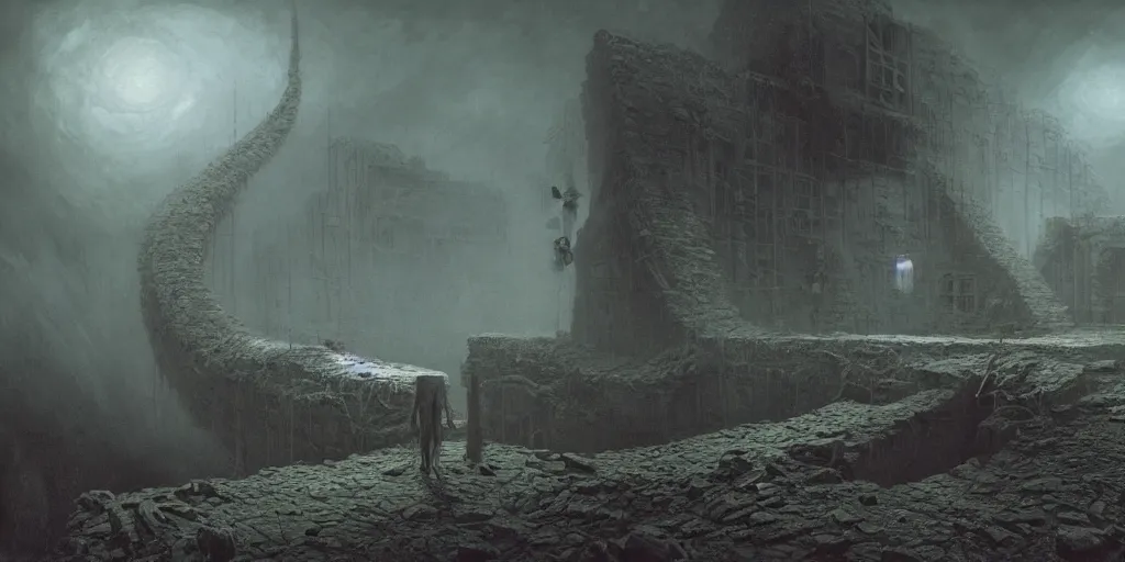 Image similar to a monster crawling out from the basement, Les Edwards, Zdzislaw Beksinski, Carl Gustav Carus, John Harris, Michal Karcz, Zhang Kechun, Mikko Lagerstedt, Scott Listfield, Steven Outram, Jessica Rossier