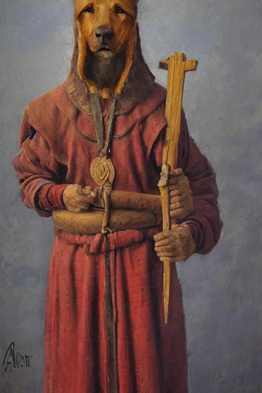 Prompt: slavic dog head man, woolen torso in medieval clothes, holding a weapon, orthodox, oil painting, concept art, hyperrealism, beautiful, high resolution, trending on artstation, by annie swynnerton and nicholas roerich, symbolist, soft colors, dramatic lighting, extremely detailed, two hands,