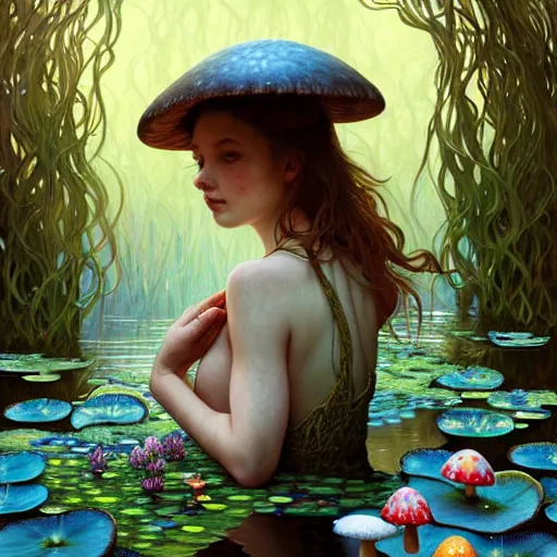 Image similar to Portrait of a girl surrounded by mushrooms while sitting at a pond with waterlilies, face, fantasy, intricate, elegant, highly detailed, digital painting, artstation, concept art, smooth, sharp focus, illustration, art by Fernanda Suarez and Artem Demura and alphonse mucha