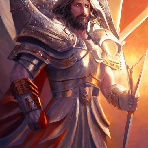 Image similar to Jesus as a knight of zodiac using a the saint seiya Sacred Heart armor, by Stanley Artgerm Lau, WLOP, Rossdraws, James Jean, Andrei Riabovitchev, Marc Simonetti, Yoshitaka Amano, ArtStation, CGSociety,