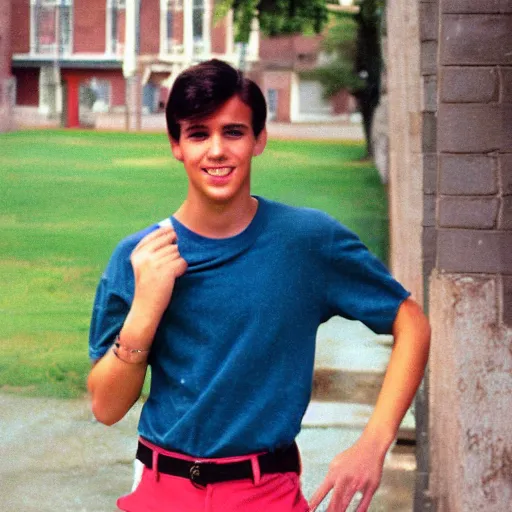 Image similar to a color photograph of a very handsome young guy in 1 9 8 8, he is at college