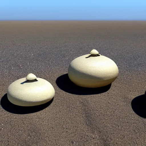 Prompt: three woks, each with the approximate dimensions of 50cm long and 30 cm wide, placed on a sandy beach, with ocean in the background, photorealistic, 8k