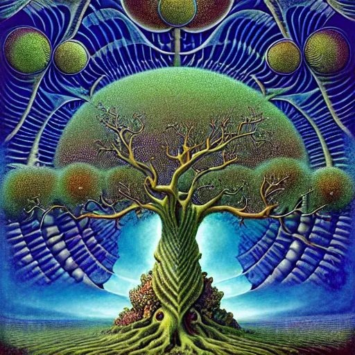 Image similar to sacred mulberry tree by roger dean and andrew ferez, art forms of nature by ernst haeckel, divine chaos engine, tree of life, symbolist, visionary, art nouveau, botanical fractal structures, lightning, surreality, lichtenberg figure