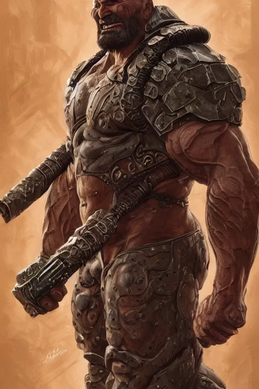 Prompt: ultra realistic illustration,, a hulking herculean dave bautista with leather armour, from doom and warhammer, intricate, elegant, highly detailed, digital painting, artstation, concept art, smooth, sharp focus, illustration, art by artgerm and greg rutkowski and alphonse mucha