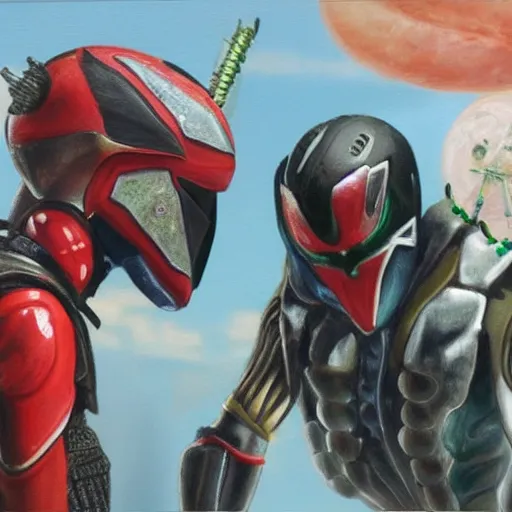 Prompt: a realistic painting by Raffaello Sanzi depicting the Kamen Rider Kuuga with the head of the symbiotic Freddy Krueger in the Renaissance.