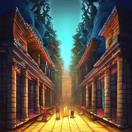 Image similar to street view of gigantic temple city at night by cyril rolando and naomi okubo and dan mumford and ricardo bofill