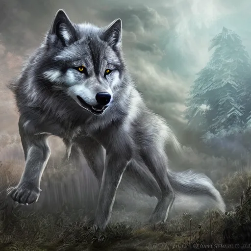 Image similar to fantasy timberwolf, high detail, fantasy art, concept art, 4 k, ultra detail, computer art