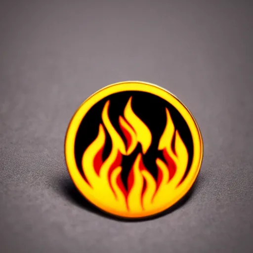 Image similar to a photo of minimalistic flat fire flames warning label enamel pin, beautiful cinematic light, behance