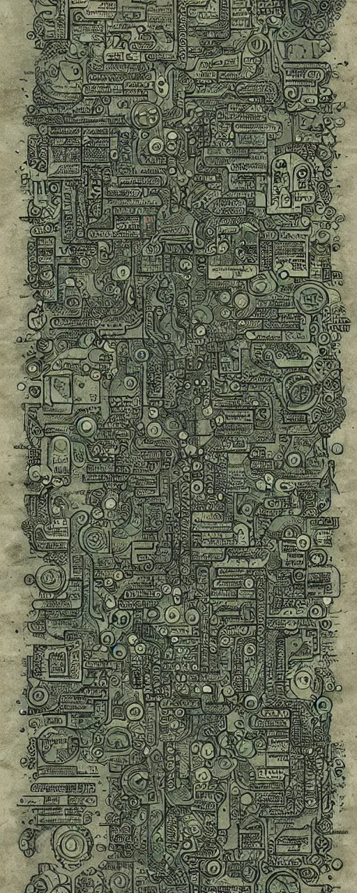 Image similar to an intricate detailed cyberpunk parchment with sketches and matrix rain, ancient text, neon, fractals, recursive, magic, technological, cyberpunk, lovecraft