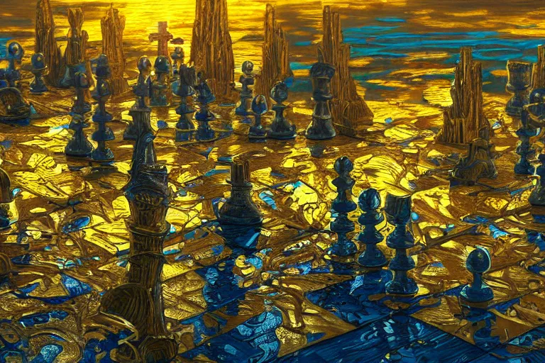 Prompt: highly detailed chess game by antoni gaudi, reflective lighting, holographic, stylized vegetation, puddles of gold water, stunning sunny lighting, sunrise, by vincent van gogh and john berkey, 8 k, matte painting, ray tracing, unreal engine 5, octane render, cyberpunk, vibrant