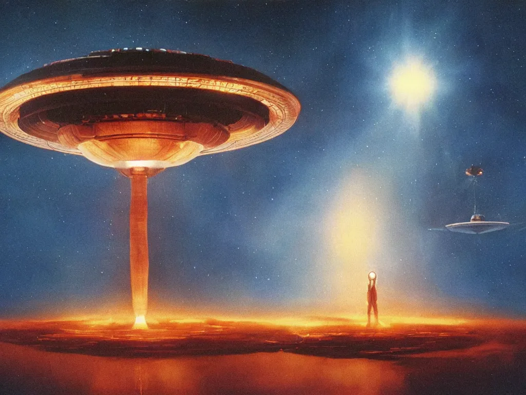 Image similar to a spectacular view of the mothership from close encounters of the third kind hovering over the sea at night, cinematic, hyperrealism, science fiction, beautiful, 7 0 mm