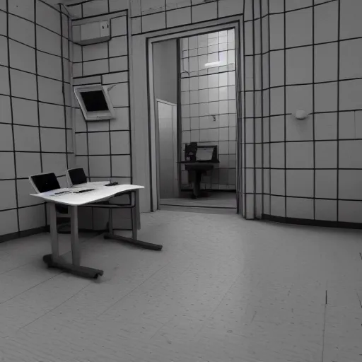 Image similar to cinema 4D cinematic render, ultra detailed, of a person inside a jail cell sitting with a desk and CRT monitor, 4K concept art, detailed, dark setting, cinematic lighting, light shining through the jail cell, casting shadows, trending on art station, old computer monitor, stressful, working, hyper realistic, ultra detailed, unreal engine, 8K post production