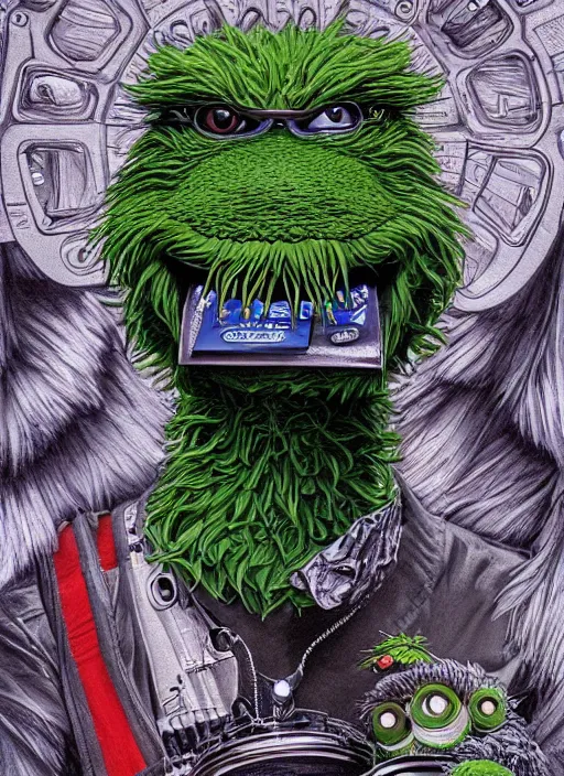 Image similar to portrait of Oscar The Grouch in Society (1989), intricate, highly detailed, centered, digital painting, artstation, concept art, smooth, sharp focus, illustration, artgerm, donato giancola, Joseph Christian Leyendecker, Les Edwards, Ed Repka, WLOP, Artgerm