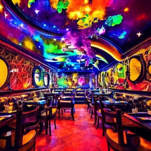 Image similar to The restaurant at the end of the universe, intricate, stunning, colorful, mysterious, ethereal atmosphere, stars