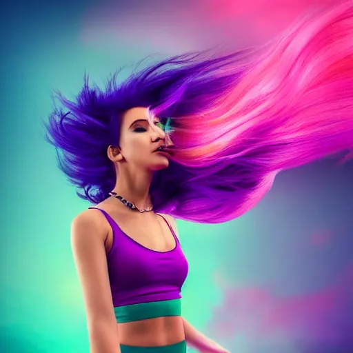 Image similar to a award winning full body shot of a beautiful woman in a croptop with a ombre purple pink teal hairstyle with head in motion and hair flying, gloves, outrun, vaporware, vivid colors, highly detailed, fine detail, intricate